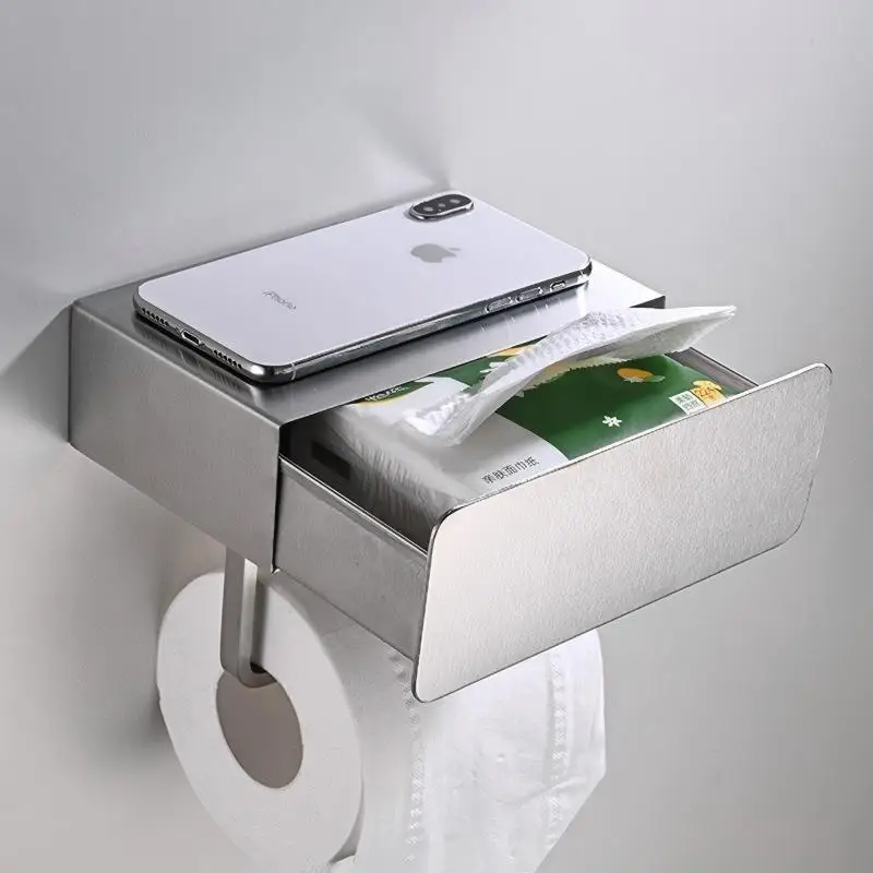 Wall Mounted Toilet Paper Holder Phone Shelf Stainless Steel Drawer Style Tissue Box Roll Flat Drill Or Adhesive Mount