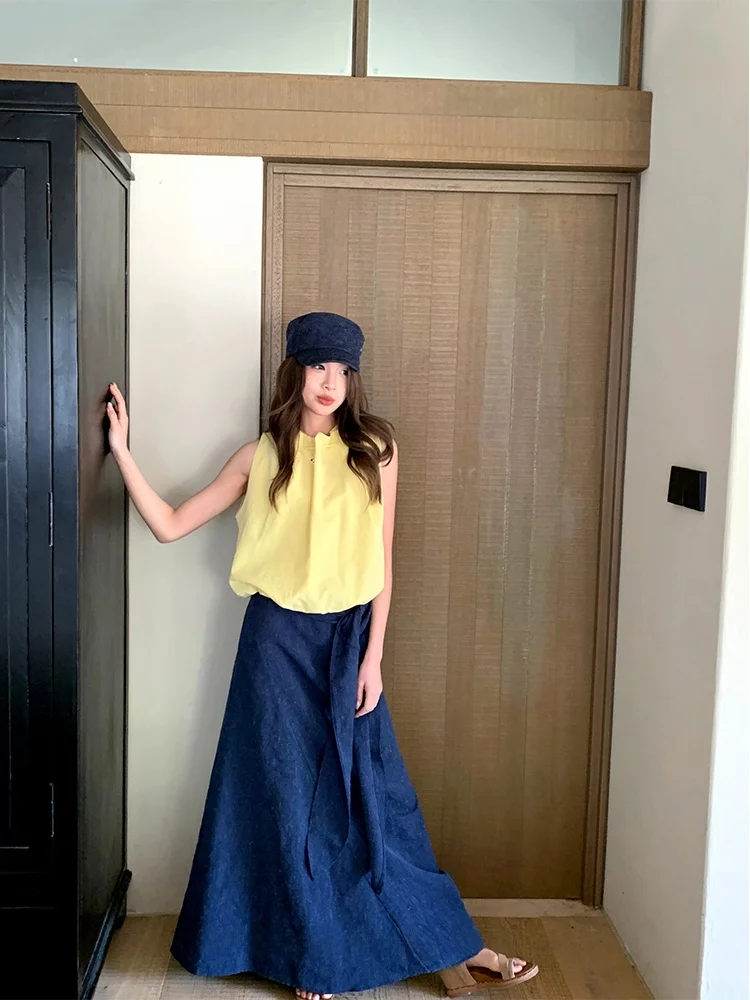 

Прямая синяя джинсовая юбка с высокой талией, женская длинная юбка для похудения с модным дизайном, Новое поступление лета