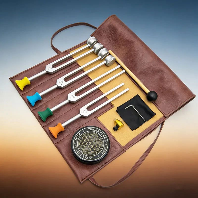 128Hz, 136.1Hz, 256Hz, 384Hz 4 Pack Tuning Forks Set With Activator for Sound Healing Stress Relief, Relaxation & Chakra