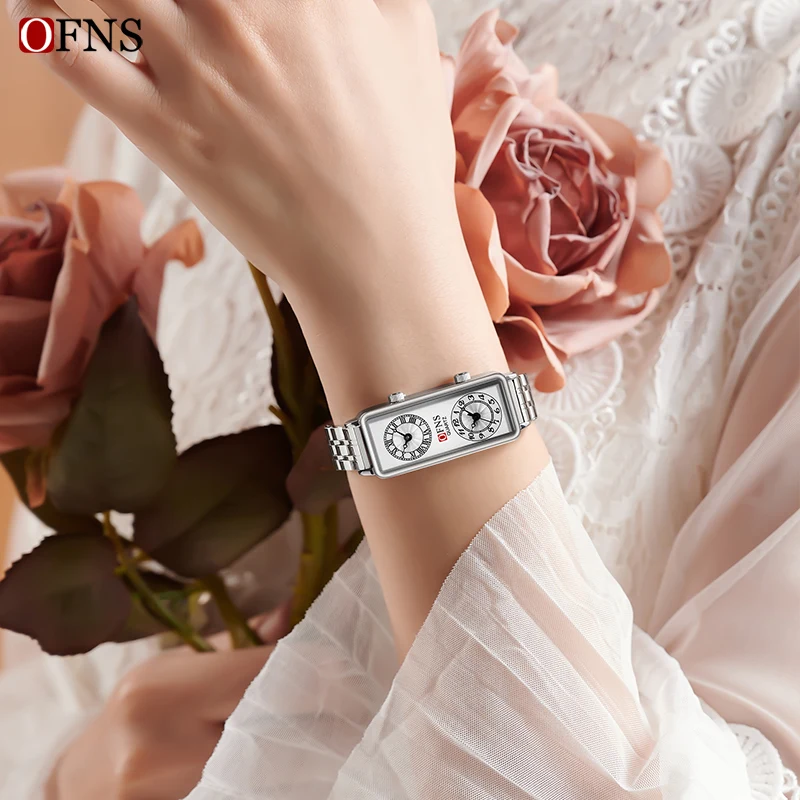 OFNS High-End Fashionable Womens Quartz Watch Casual Niche Hot Selling Dual Time Roman Digital Waterproof Business Womens Watch