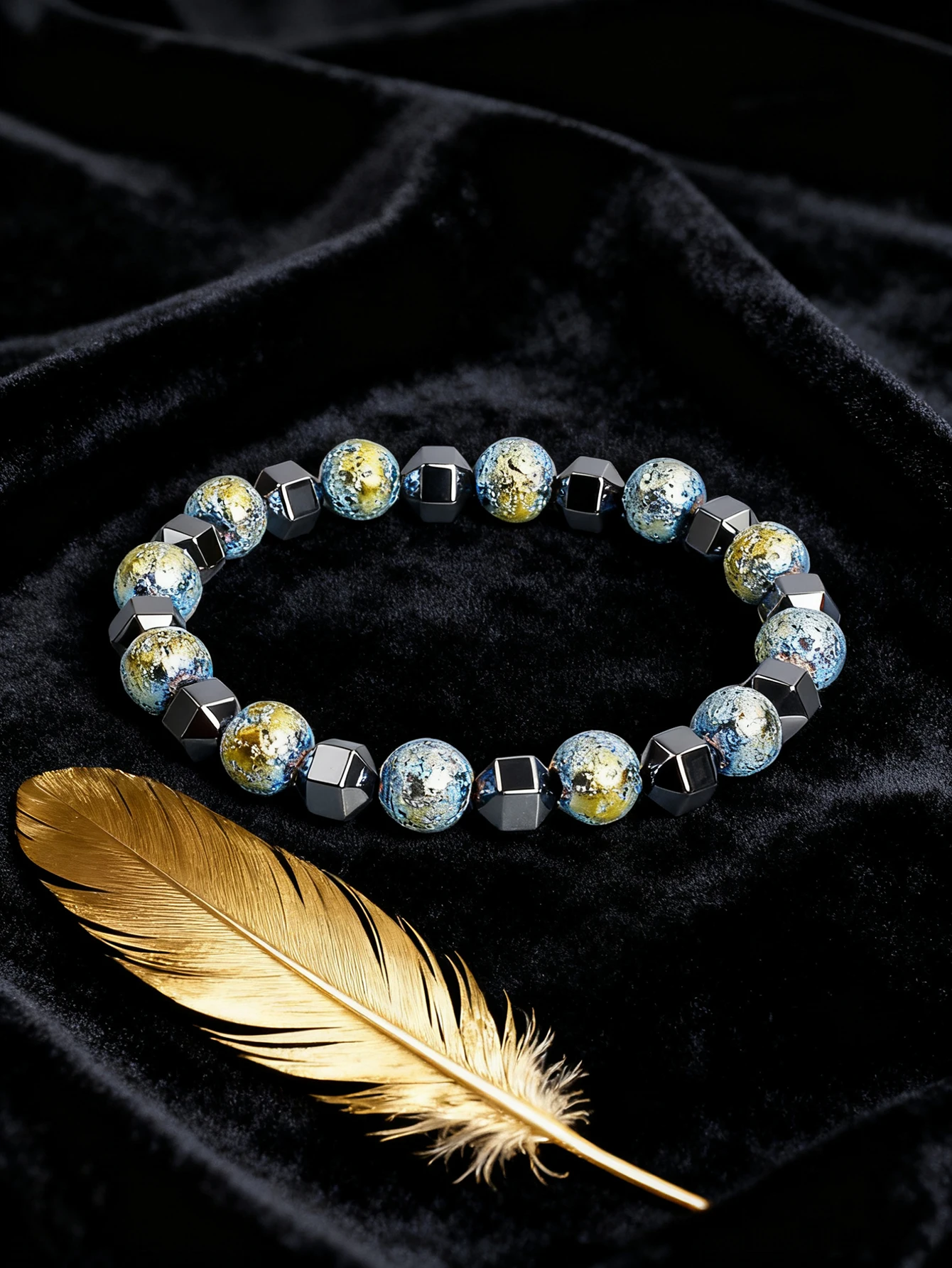 

Natural Stone Bracelet with Faceted Hematite Beads & Light Blue Volcanic Lava Stone Beads for Vigour Strength Protection Jewelry