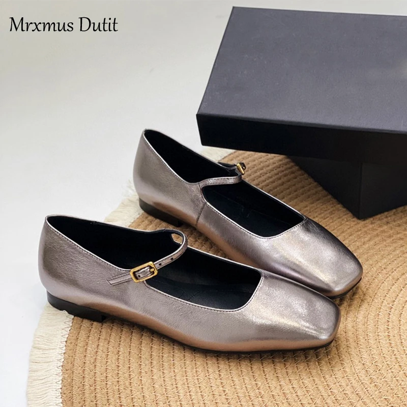 Mrxmus dutit Autumn New 2024 Women Round Head Solid Genuine Leather Flat Shoes Vintage Versatile Mary Jane Shoes Female Chic