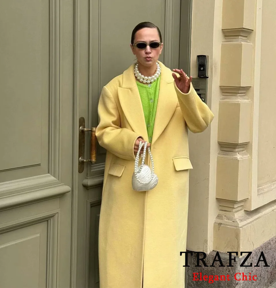 TRAFZA Women Fashion Tweed Long Coat Lapel Buttons Pocket Long Coat New 2025 Spring Fall Casual Energetic Yellow Long Coat