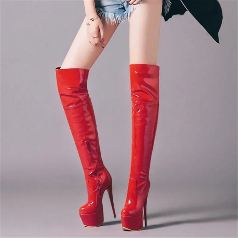 Promotion Super heel Waterproof Women Boots Steel tube dance perform Patent leather Posterior frenulum sexy Over the knee Boots