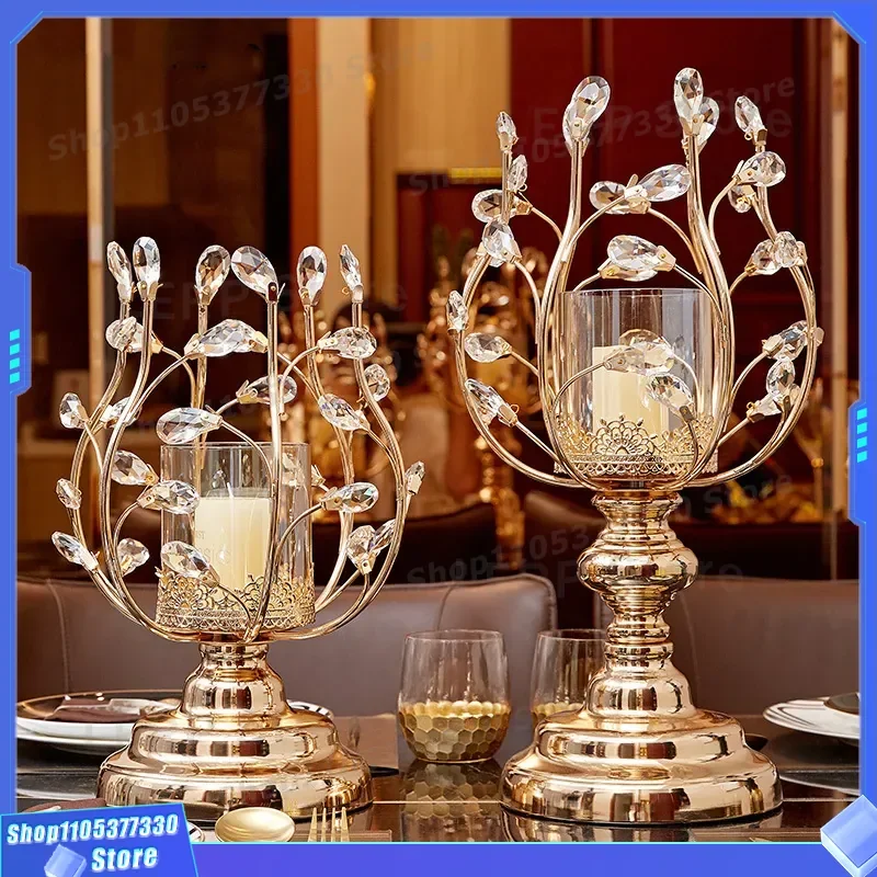 Luxury Crystal Metal Candle Holder for Table European Style Dinner Party Decor Elegant Centerpiece Light Stand Home Ornament