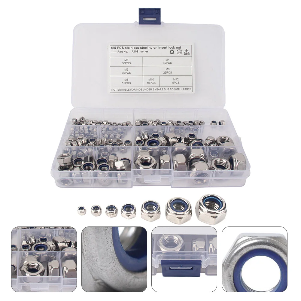 

185Pcs Stainless Steel Lock Nut Set Hexagon Anti-Rust Durable Shockproof Fastening for Machinery Automotive Electric Appliances