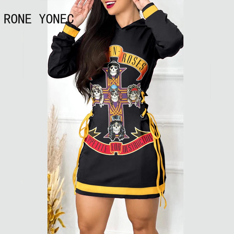 Women Hooded Allover Print Lace Up Long Sleeves Casual Mini Sweatshirt Dress