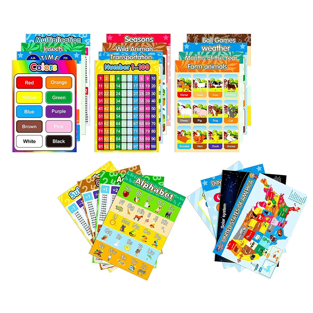 

16 Sheets Educational Posters Preschool Learning Numbers Shapes Colors Cognitive Classroom Accessories Wear Resistant Waterproof