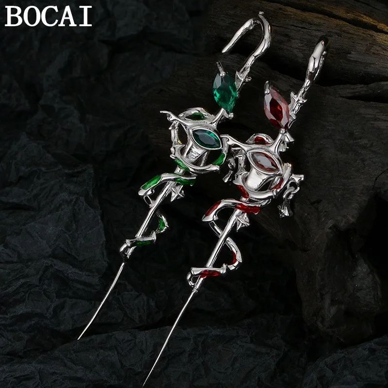 BOCAI S925 Sterling Silver Jewelry Fashionable And Exaggerated Bamboo Knots Small Snakes Ear Piercing Needles Selected Gift