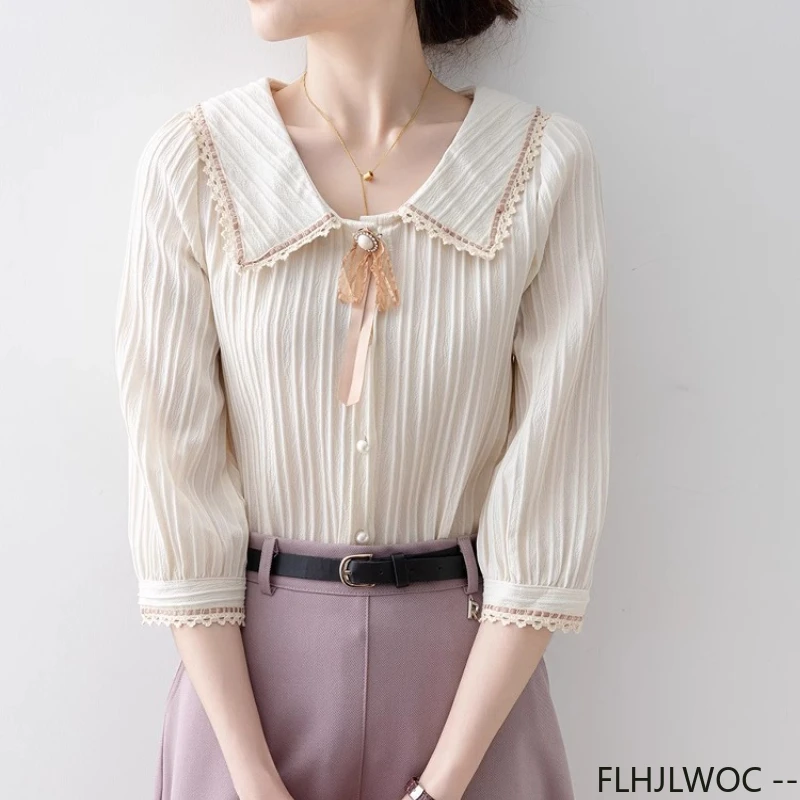 Dentelle col claudine hauts chemisiers nouveau Design 2025 été femmes mignon doux filles solide nœud papillon haut rétro Vintage bouton chemises