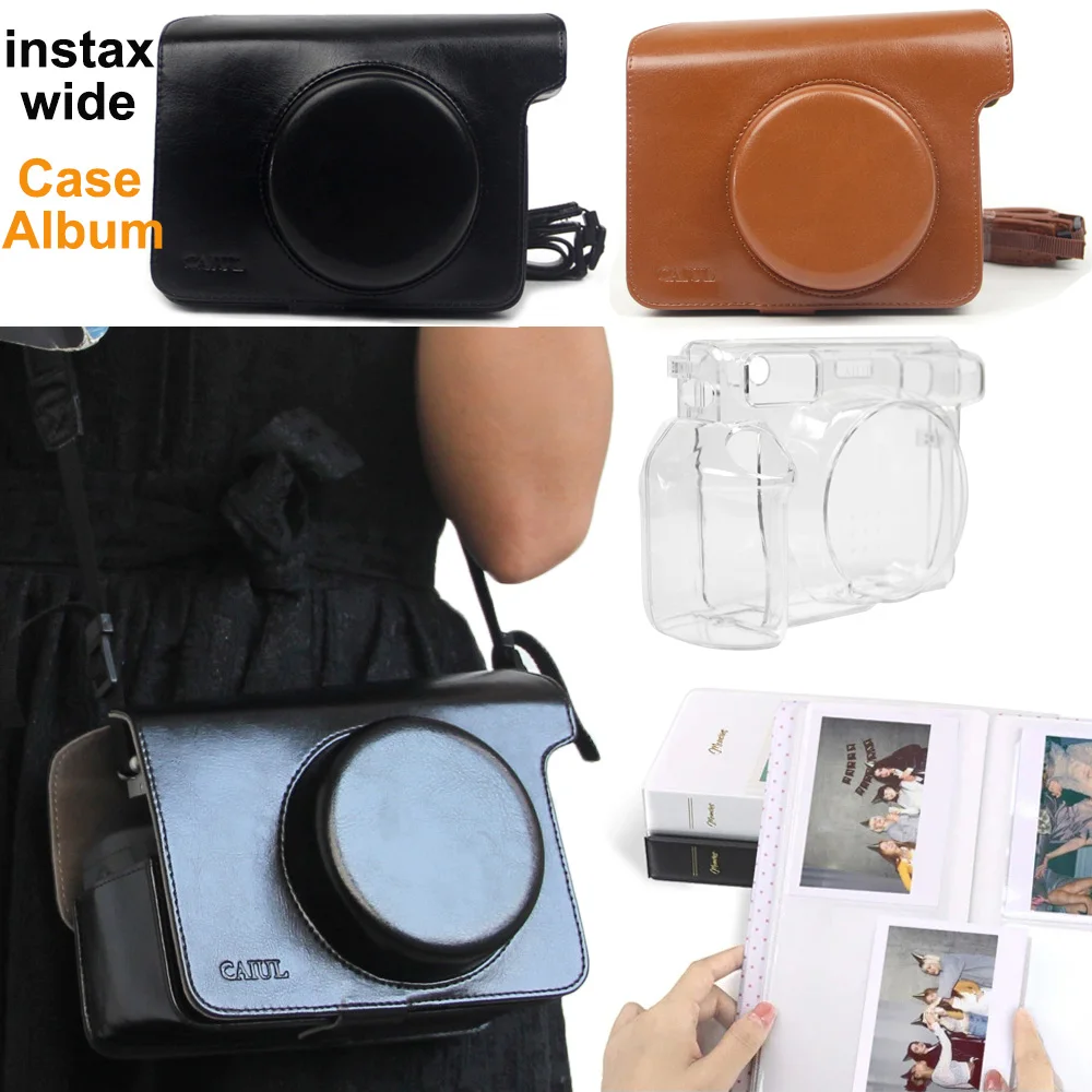 For FujiFilm Instax Wide 300 Instant Film Camera Accessories PU Leather Shoulder Carrying Bag Crystal Transparent Clear Case