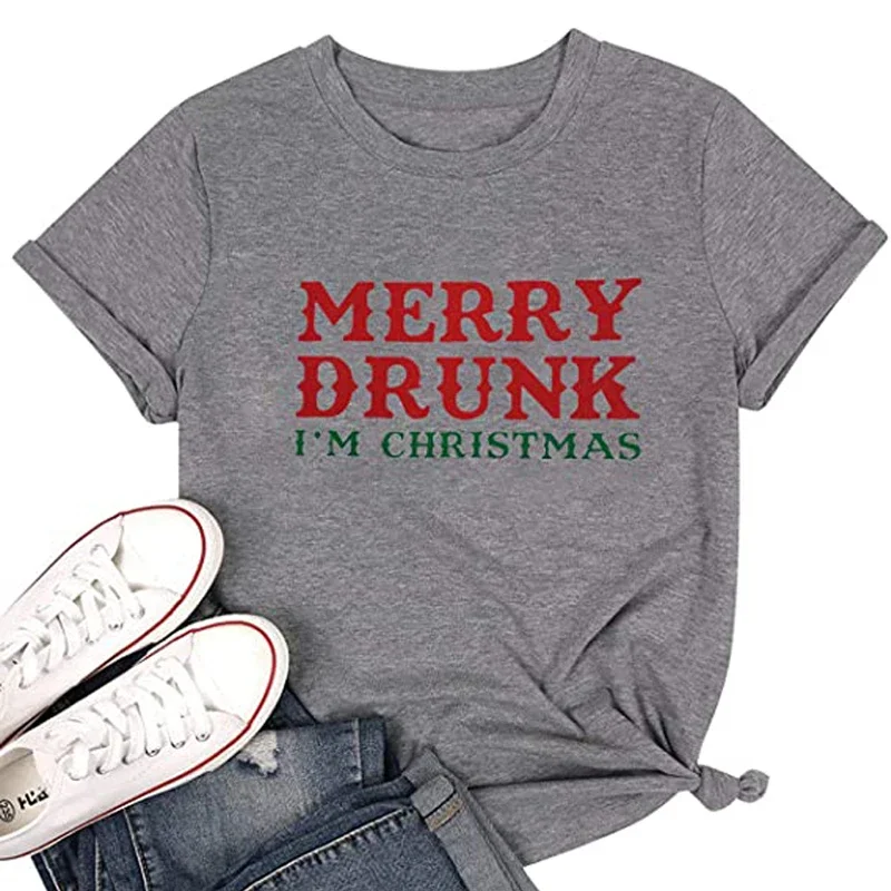 Womens Merry Drunk I'm Christmas T-Shirts Funny Santa Claus Graphic Tops Letters Printed Saying Tee Xmas Costume Women Clothing