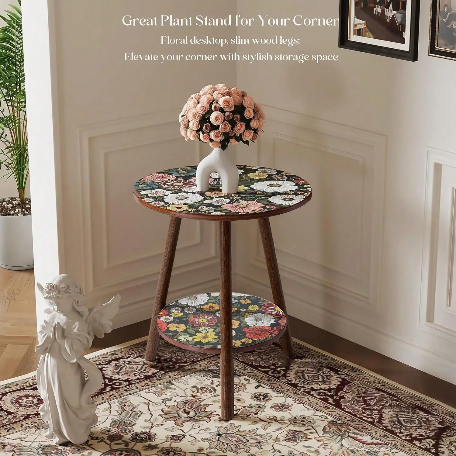 LOVEWE Double-Layer Mandala Pattern Side Table, Retro Mini Decorative Table, Bedside Table Suitable For Small Spaces, Single Plant Shelf, Indoor Round Bedside Table, Suitable For Bedrooms, Terraces, Corner Balconies, Medieval Modern Style Coffee Table