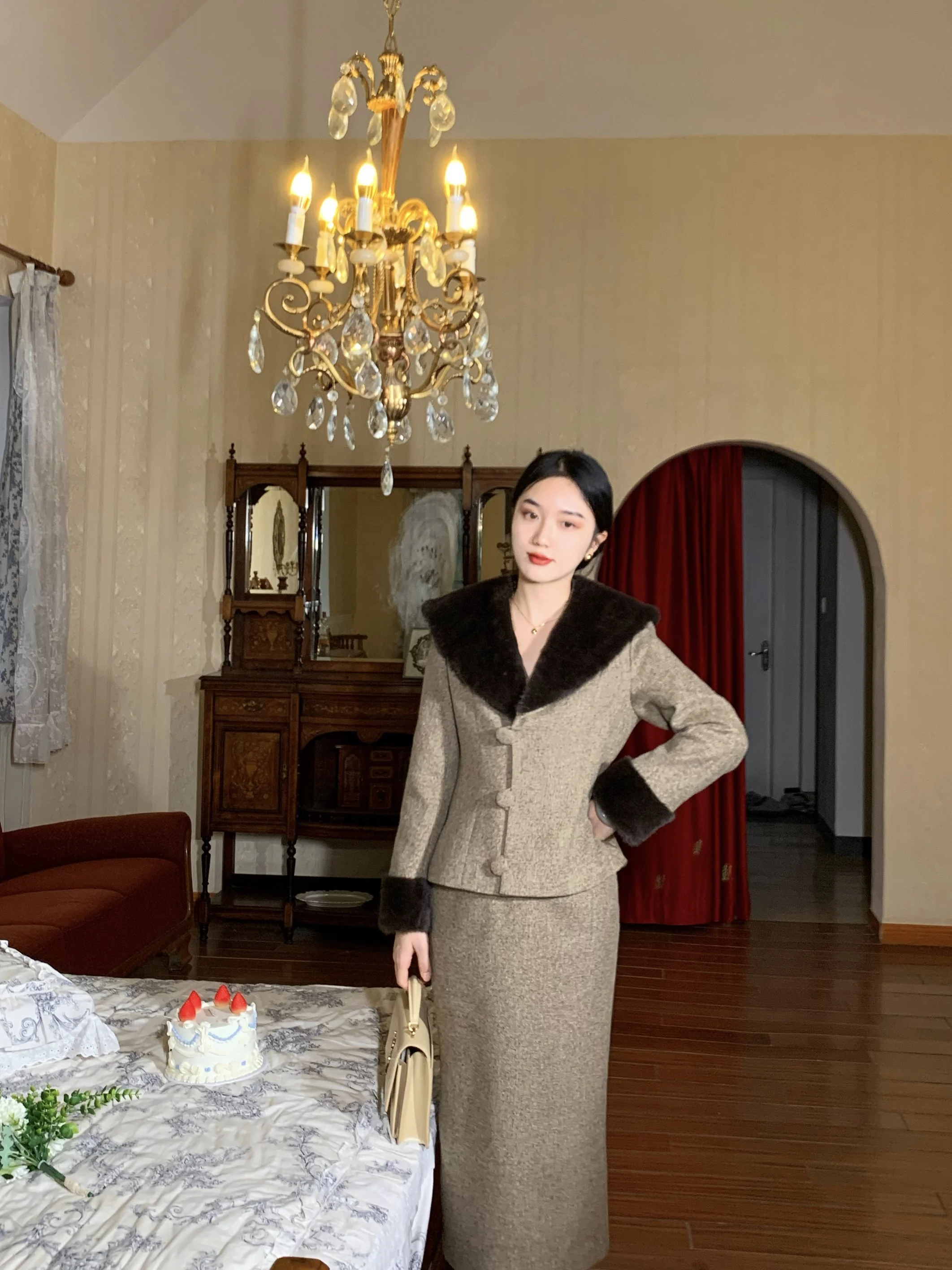 

Комплект из двух предметов из хлопка f-юбки в стиле ретро с меховым воротником, осенне-зимний ансамбль Faion для женщин