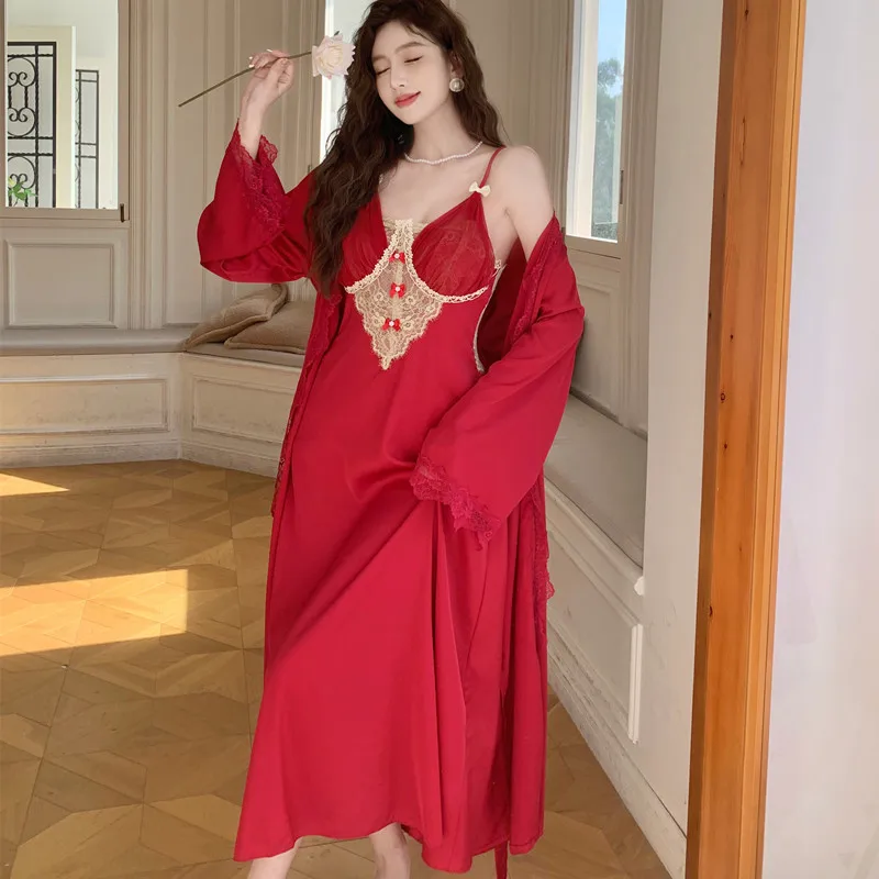 Twinset Lace Bathrobe Set Women Silky Satin Nightgown Robe Suit Spring Female Kimono Gown Loungewear Sleepwear Nightdress