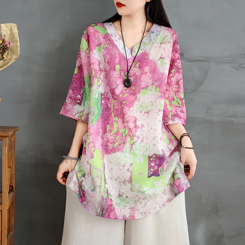 

Chinese vintage women flower t shirts summer lady pink floral tops