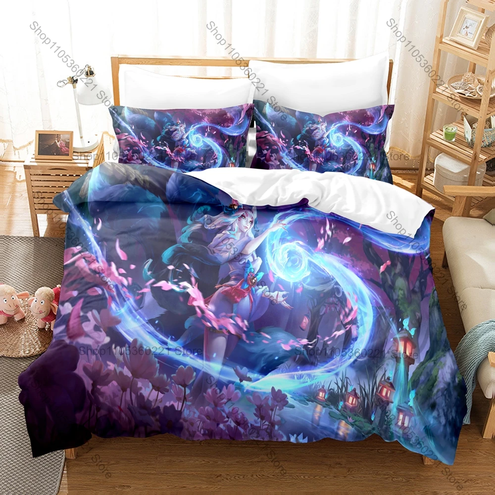 Fantasy Game Bedding Set, Duvet Cover & 2 Pillowcases, Classic Ahri Spirit Blossom Design Comfortable Home Supplies