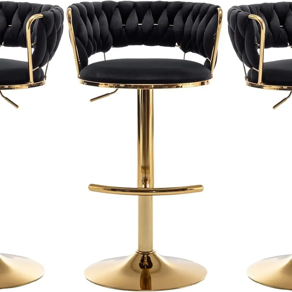 

Set of 3 Velvet Swivel Bar Stools with Woven Backs, Adjustable for Kitchen Islands, Dining Rooms, Cafes, and Pubs in Black
