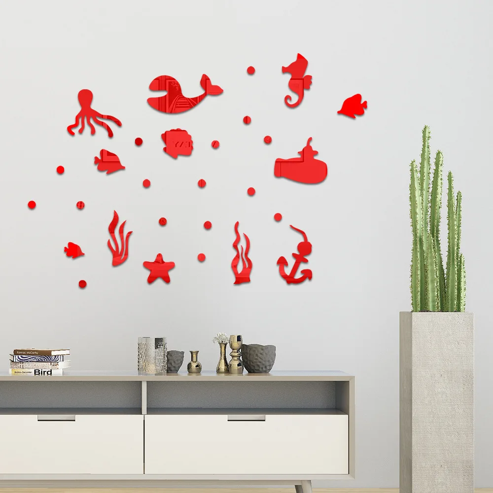Marine animal acrylic Mirror Wall Stickers children's room Bathroom Wall Decoration Self-pasting Drawing paper Bedroom wallpaper image 3