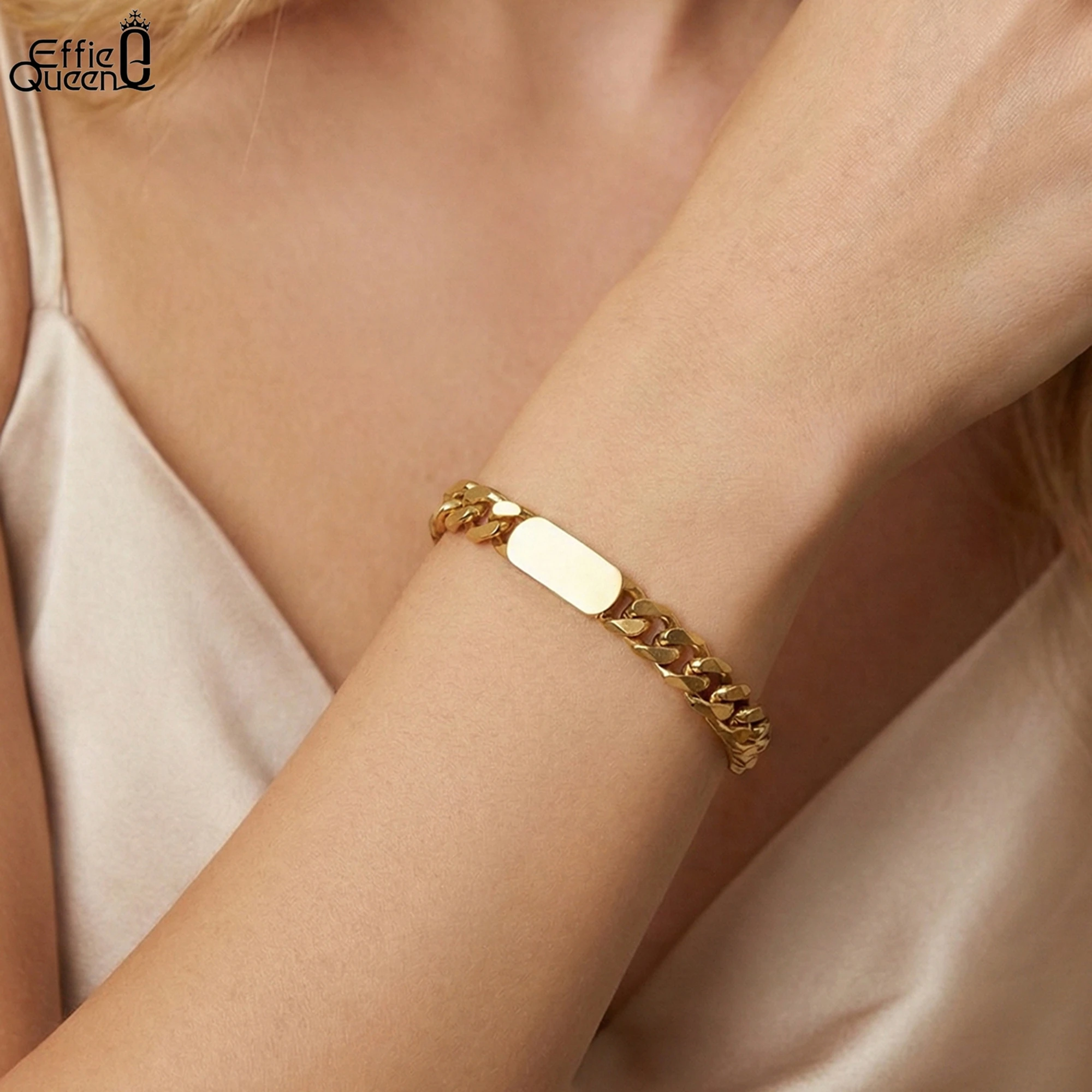 EFFIE QUEEN Stainless Steel 18k Gold Cuban Chain Bracelet Basic Hand Chain Simple Jewelry for Women, Men Banquet Party STCB05