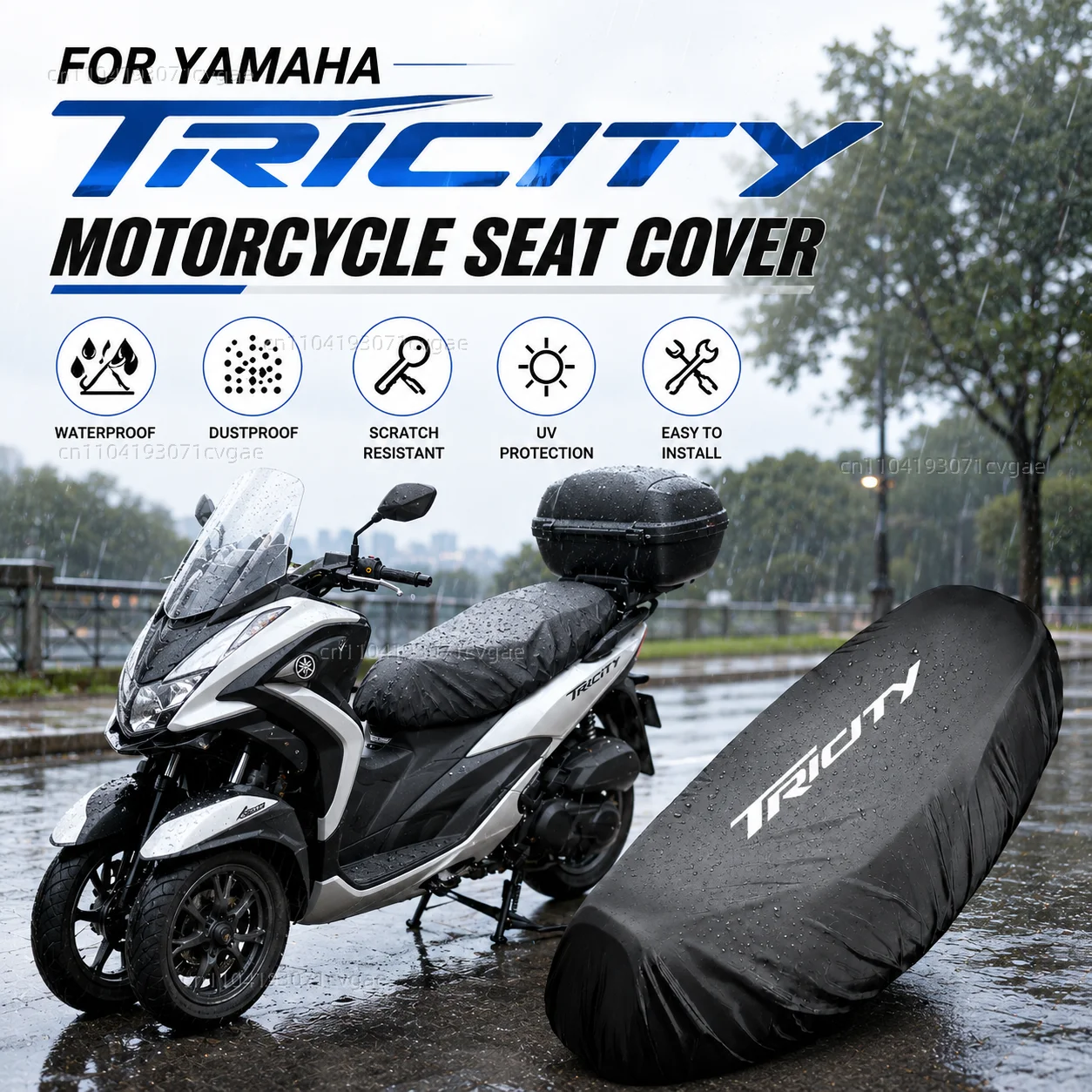 Capa de Assento Impermeável para Motocicleta Yamaha Tricity 300 125 155 2018 2019 2020 2021 2022, Capa de Selim Preta 210D com Proteção UV