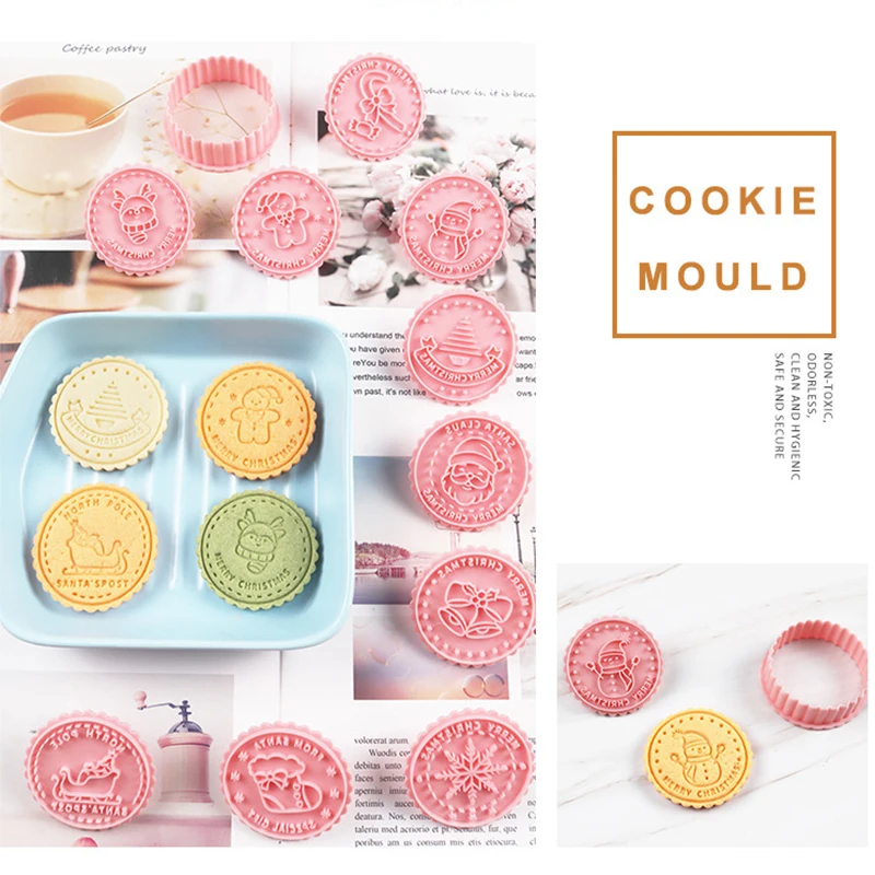 Juego de cortadores de galletas navideños redondos, moldes cortadores en relieve 3D para Fondant, galletas, queso, suministros para fiestas, 8 Uds.