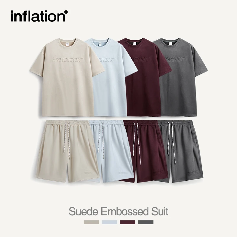 Inflation Sommer übergroße Trainings anzug Set Unisex Wildleder Stoff geprägt T-Shirts und Shorts Set