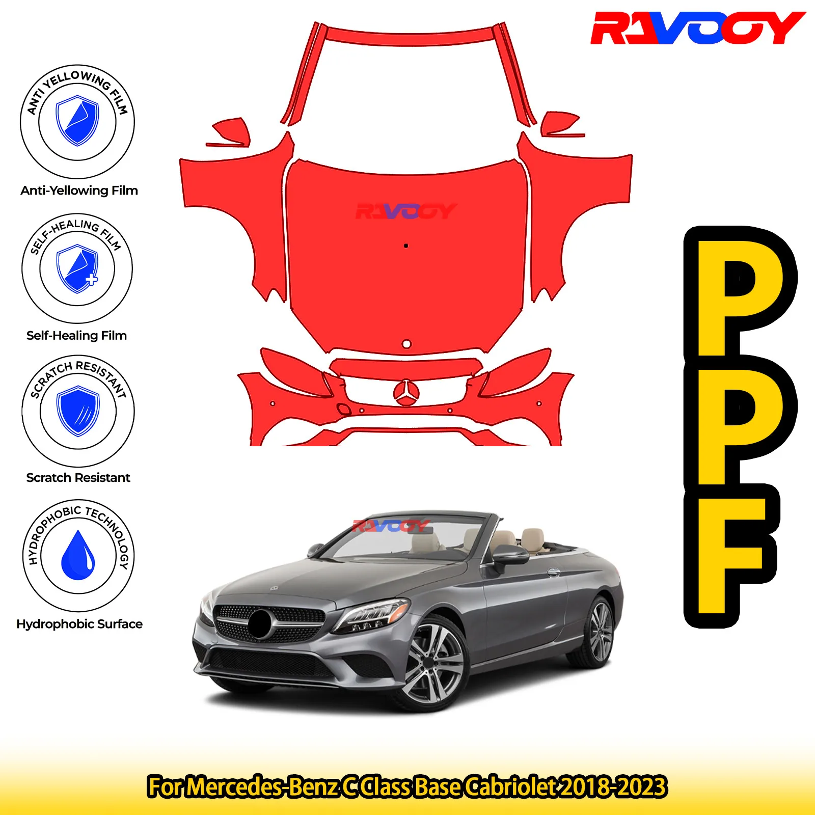 

For Mercedes-Benz C Class Base Cabriolet 2018-2023 Glossy Matte Black Precut front PPF Kit Paint Protection Film