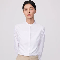 Women's Long Sleeve Stand Collar Concealed Buttoned Placket Shirt Without Pocket Ladies Office Slim-fit Casual Blouse Shirts