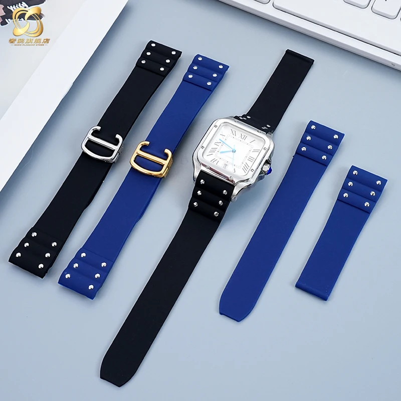 For Cartier Santos strap Silicone bracelet High quality Rubber watchband for Waterproof rubber band 21mm black blue wristband