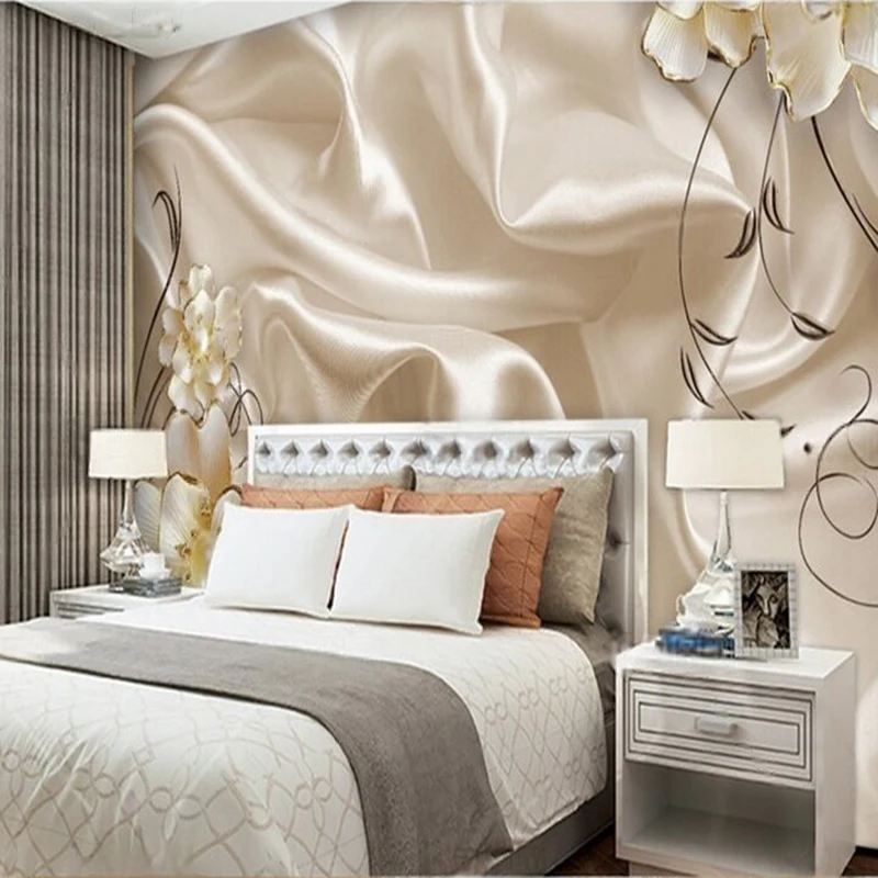 Modern simple and elegant champagne satin gold 3d Pearl Flower Office Study Dining Room decorative murals beaded background wall