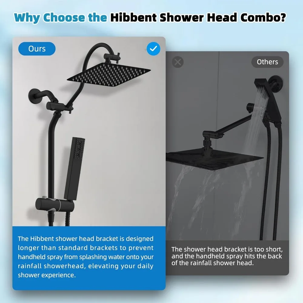Hibbent جميع المعادن ارتفاع ضغط 10 ''رأس دش الأمطار، مجموعة رأس الدش مع رذاذ محمول 4 أوضاع، تمديد 12 بوصة قابل للتعديل