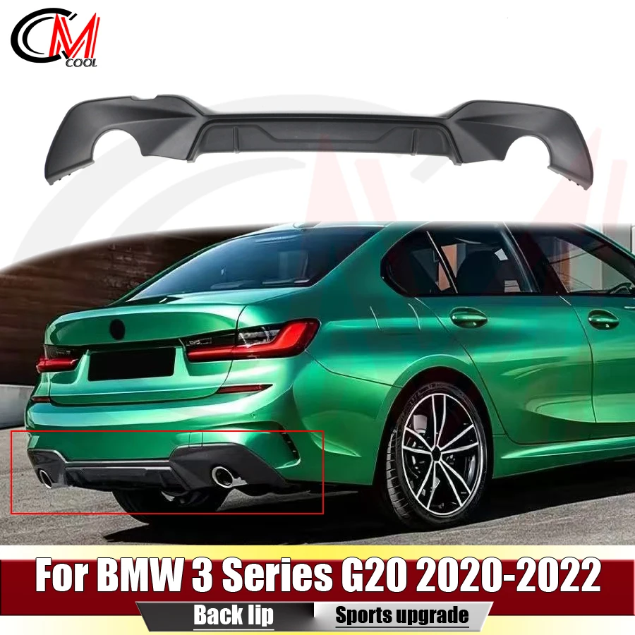 For BMW 3 Series G20 G28 2020-2022 M Sport version features a matte black rear diffuser dual exhaust tips and rear bumper trim