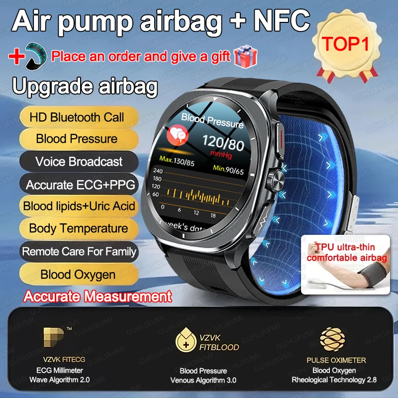 

New Accurate Measure Blood pressure Health Nursing Smart Watch With Air pump airbag Blood lipids Uric acid NFC smartwatches man