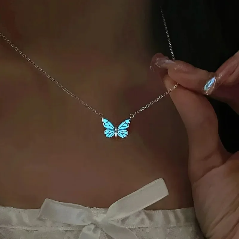 2025 New Butterfly Lamp Necklace Female Simple Light Luxury Fashion New Blue Luminous Butterfly Clavicle Chain Female Party Gift