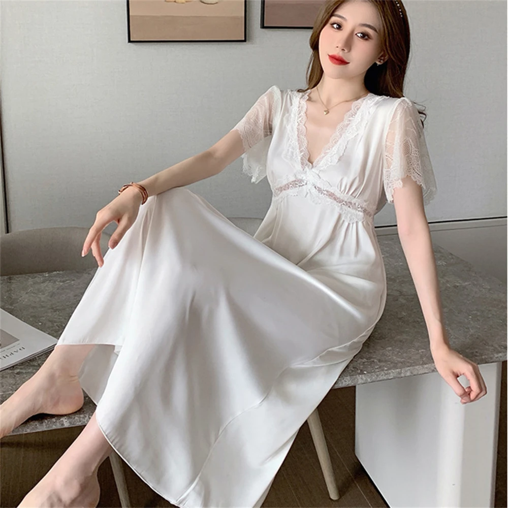 Women\'s Sexy Nightgowns Hollow Lace Short Sleeves Sleepwear Ice Silk Long Nightdress Summer New Lingerie Large Size Homewear