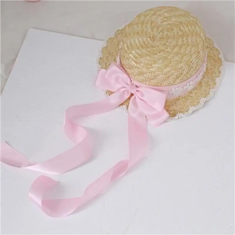 

652F Соломенная шляпа с широкими полями, женская соломенная шляпа с бантиками, летняя соломенная пляжная шляпа, шляпа с лентой,
