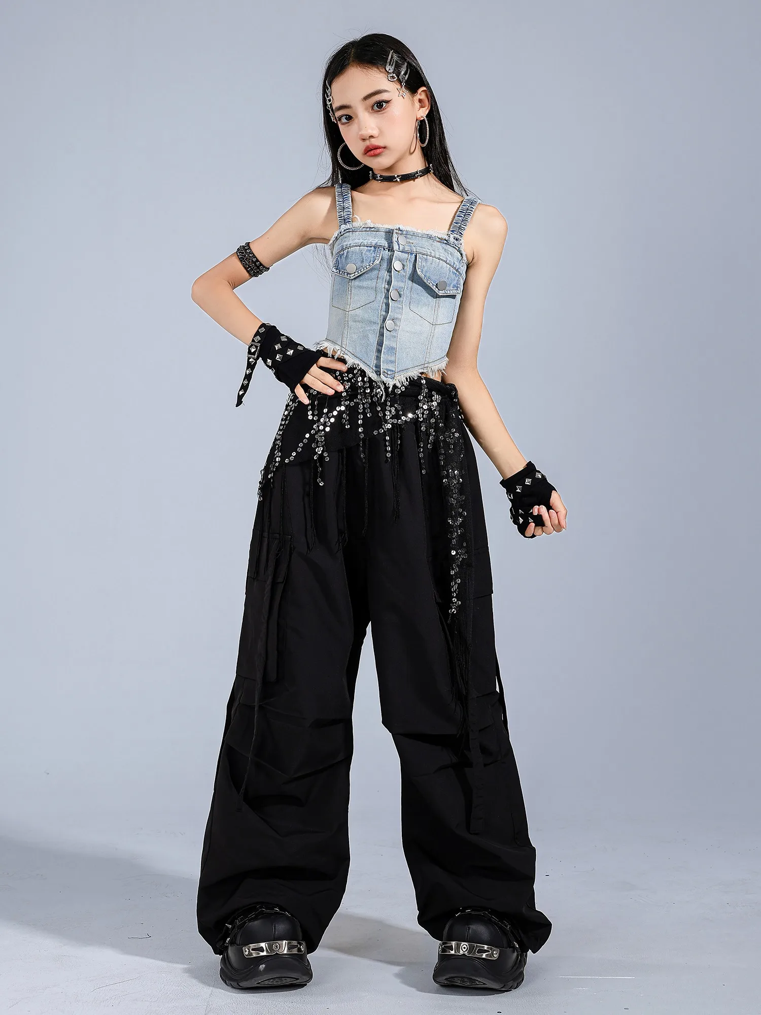 Summer Jazz Dance Clothes Girls Denim Vest Black Hiphop Pants Street Dance Perofrmance Outfits Kids Group Stage Clothing BL16695