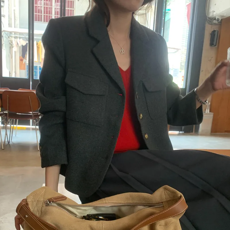 レディース秋冬新作ヴィンテージブレザーレトロ気質ラペルシングルブレストウールスーツ長袖ジャケットコート