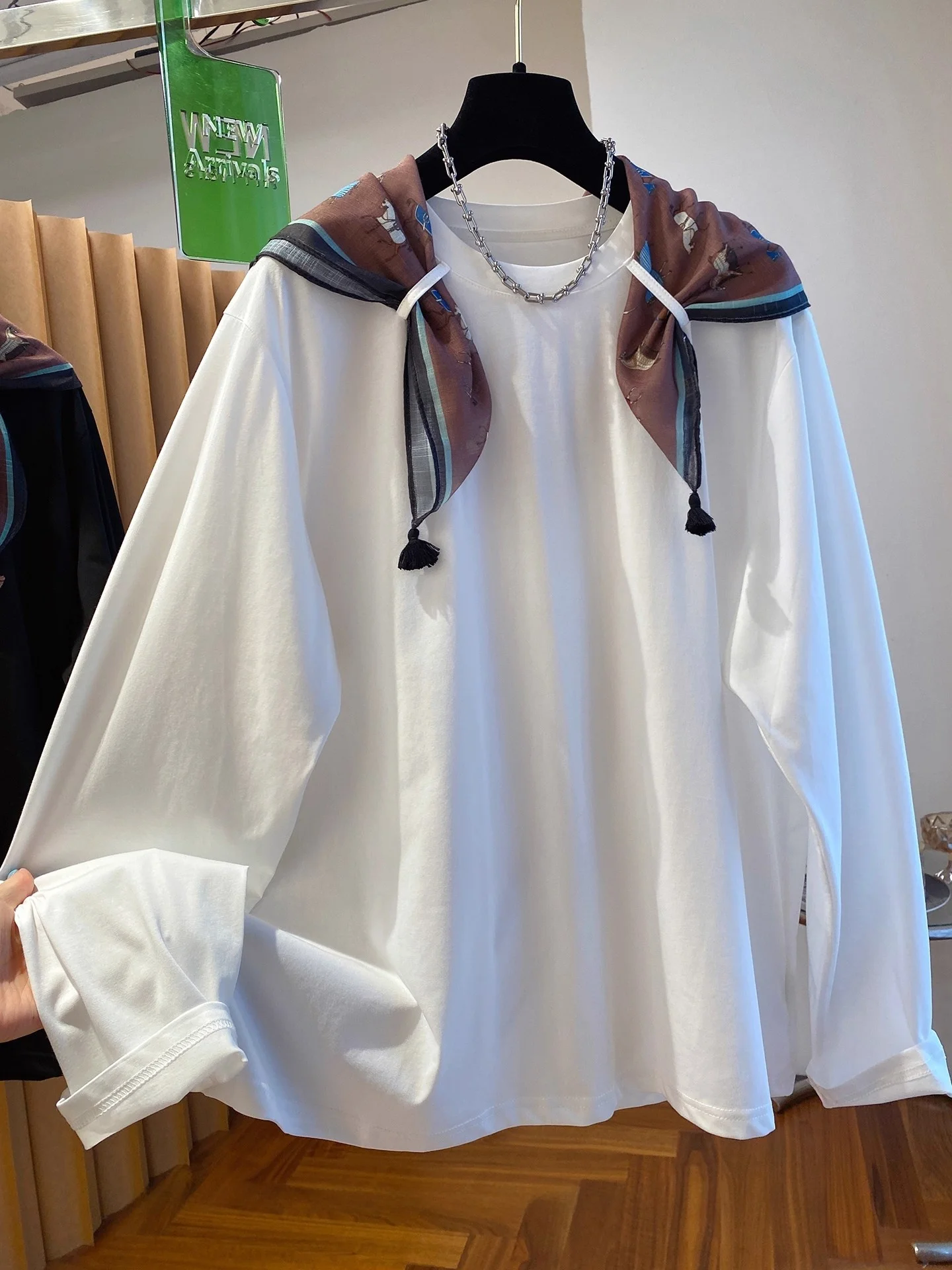 

plus Size 300 Pou Unique Ele Silk Scarf oulder T-irt Women Long Sve 2025 New Early Autumn Aosphere Clothing Top