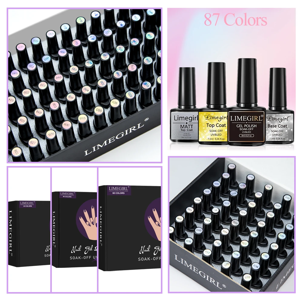 Limegirl Gel Nail Polish Set Kit Pink Glitter Popular Spring 60/40/24 Colors Semi Permanent UV Led Gel Varnish Soak Off Nail