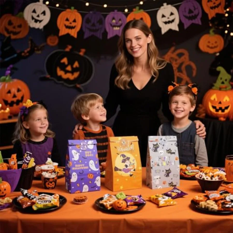Paquet de 24 sacs à cadeaux d'Halloween, 4 styles de sacs à friandises avec échange Sti Party Favo pour fournitures d'Halloween en classe 4,7" x 3,1" x 9