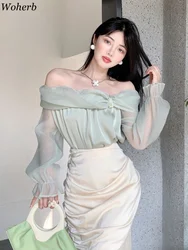 Woherb Sexy Chiffon Blouse Women Mesh Top Slash Neck Solid Off Shoulder Long Sleeve Crop TopsChic Korean Fashion Elegant Shirts