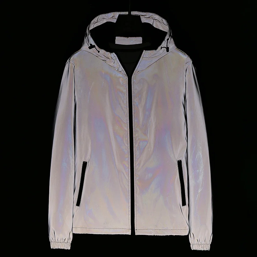 Spring Autumn Men Reflective Hooded Jackets Fashion Man Lightweight Streetwear Hip Hop Zipper Coats Men Hiking Waterproof Jacket