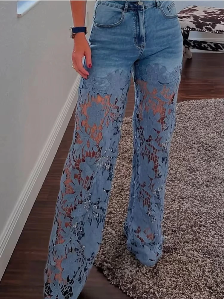 

Plus Size Women's Stretch Denim Jeans With Cut-Out Lace Splicing Summer New High Waist Wide Pants Elegant Female Chic Trousers