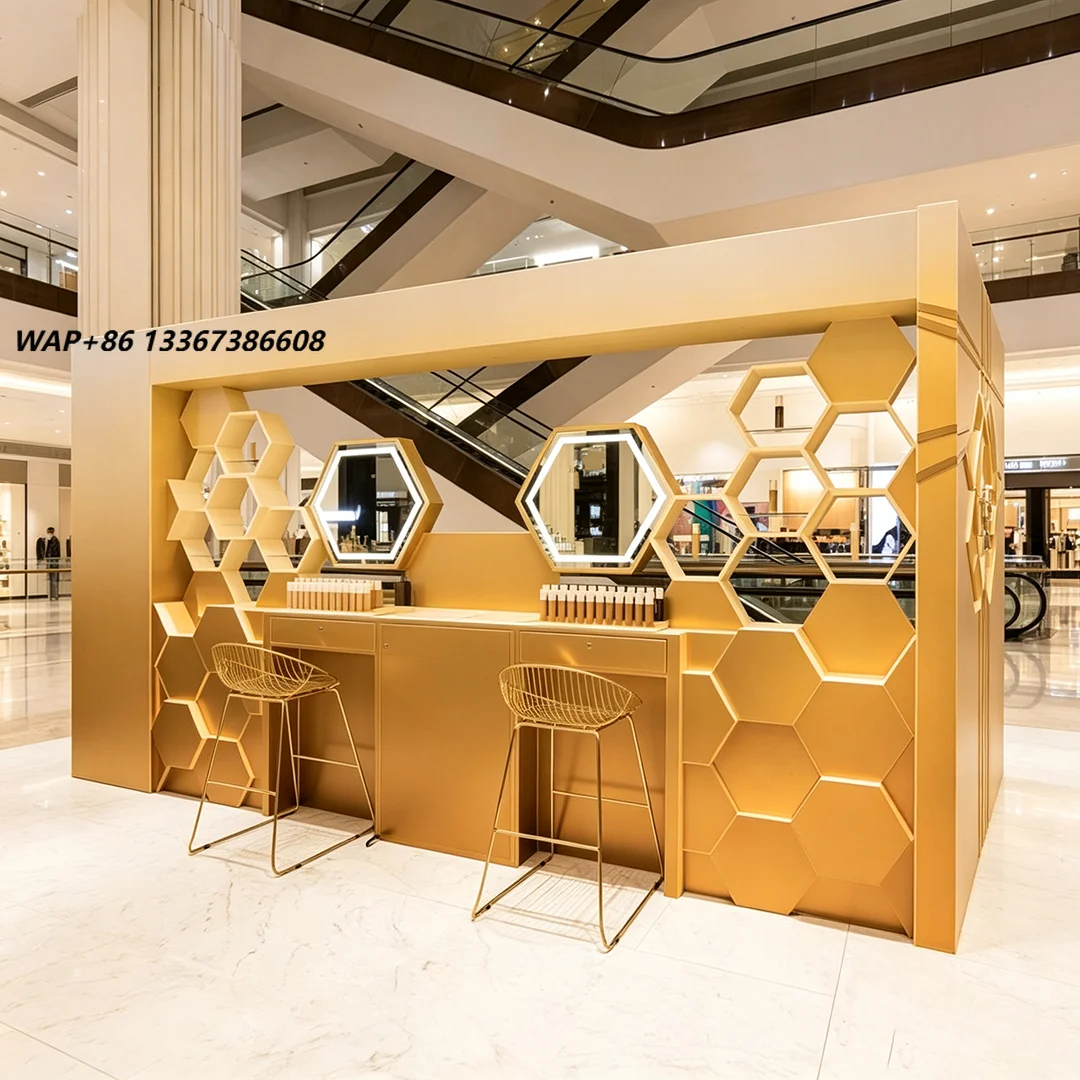 Shopping Center Cosmetics Test Station Design Double LED Light Mirror Foundation Make-up Display Table