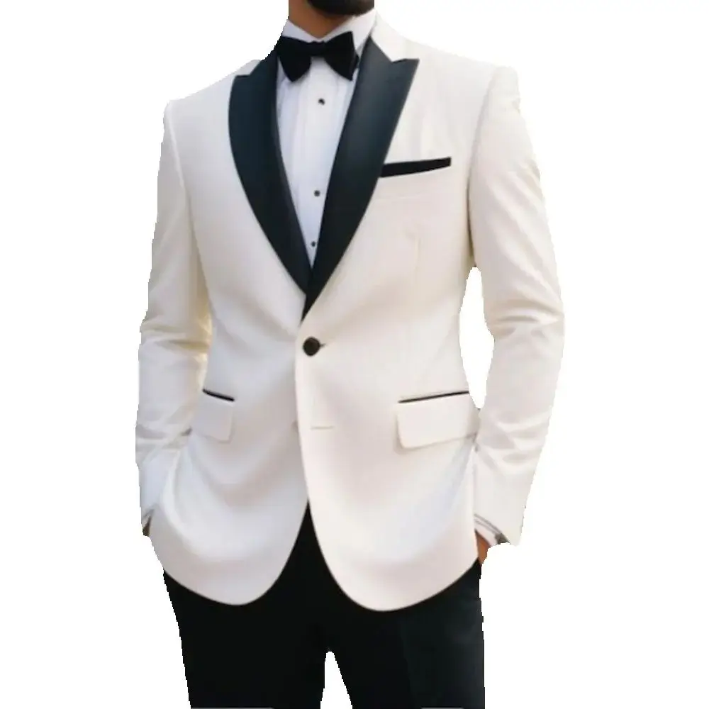 Chic Men Suits White Blazer Black Pants 2 Piece Full Sets Elegant Bespoke Slim Fit Male Clothing Costume Homme Blazer Outfits