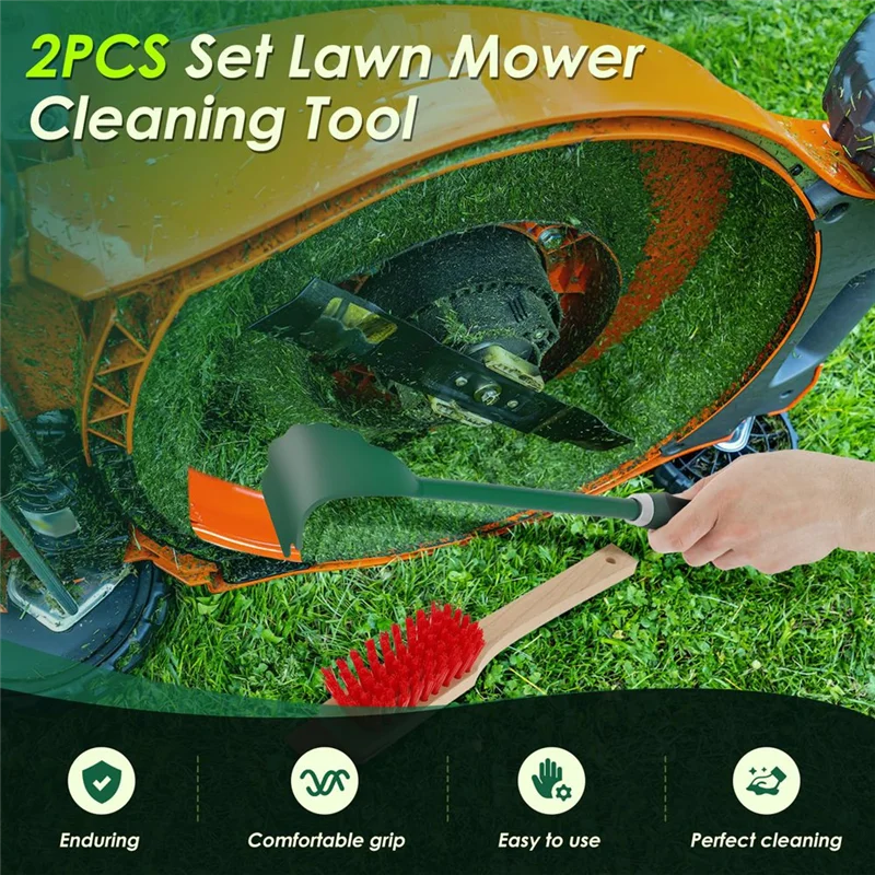ABMH-Mower Deck Scraper With Ergonomic Long Handle Lawn Mower Deck Cleaner Tool With Stiff Bristle Brush, Lawn Mower