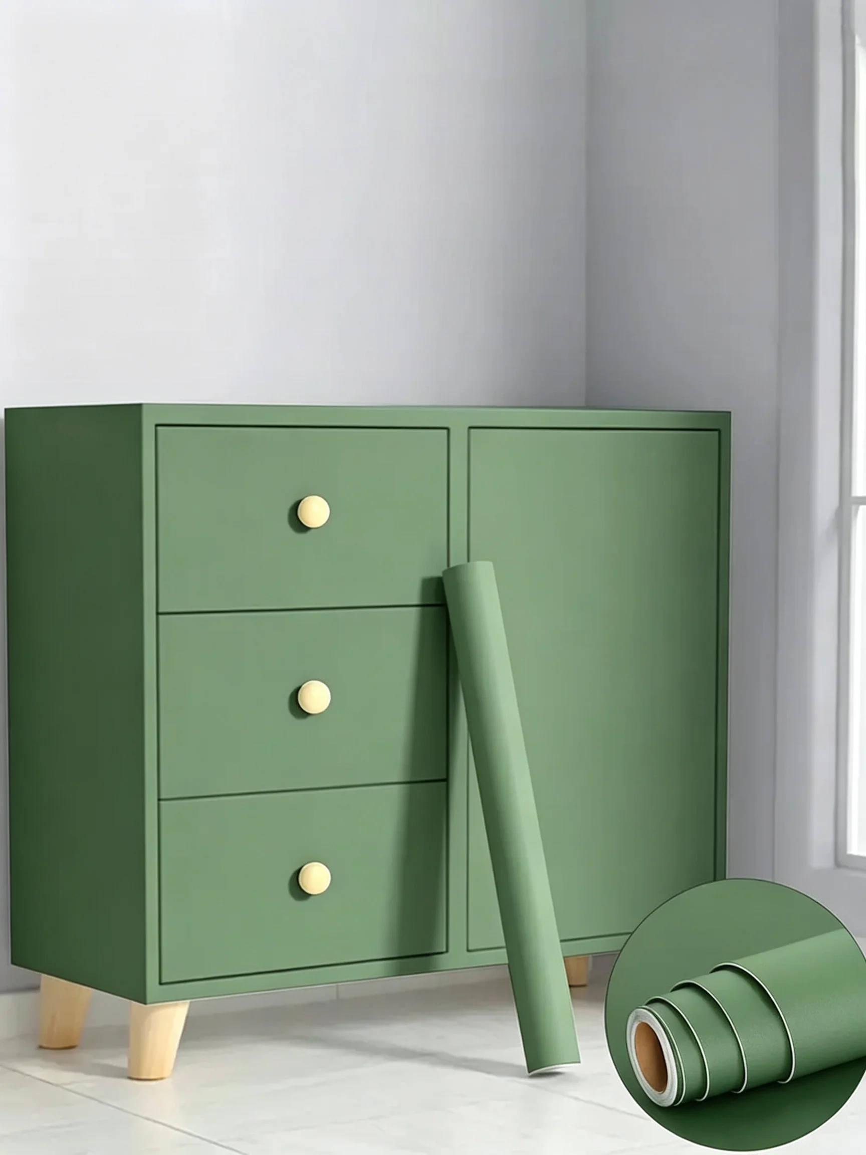 Matte Green Self Adhesive Vinyl Wallpaper Waterproof Pure Green Contact Paper Cabinet Shelf Liner Home Room Wall Decor Covering