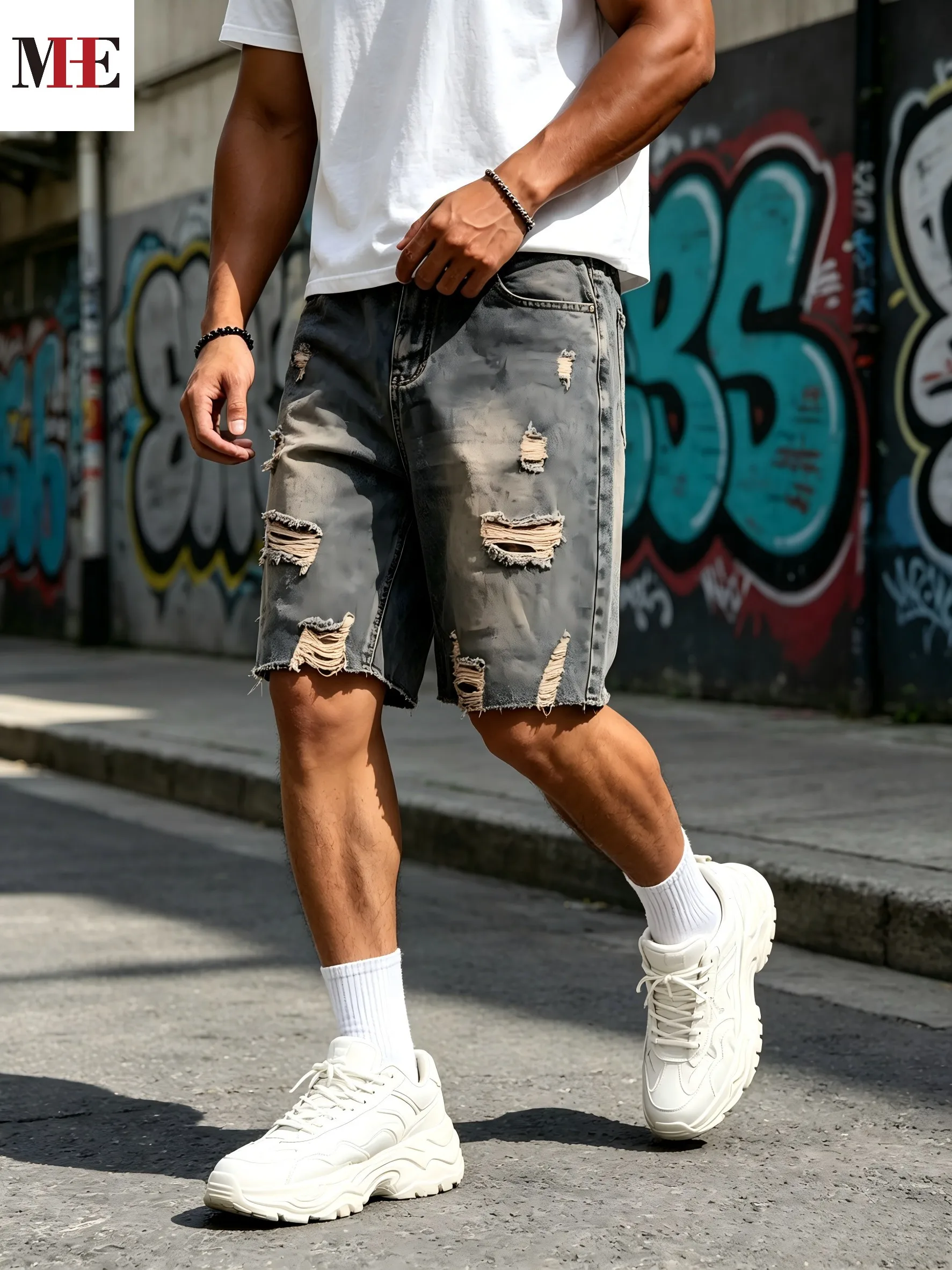 

HME Men's Charcoal Grey Denim Pants, Knee-Length Shorts with Mud Vintage Wash, Scattered Frayed Rips & Raw Fringe Hem